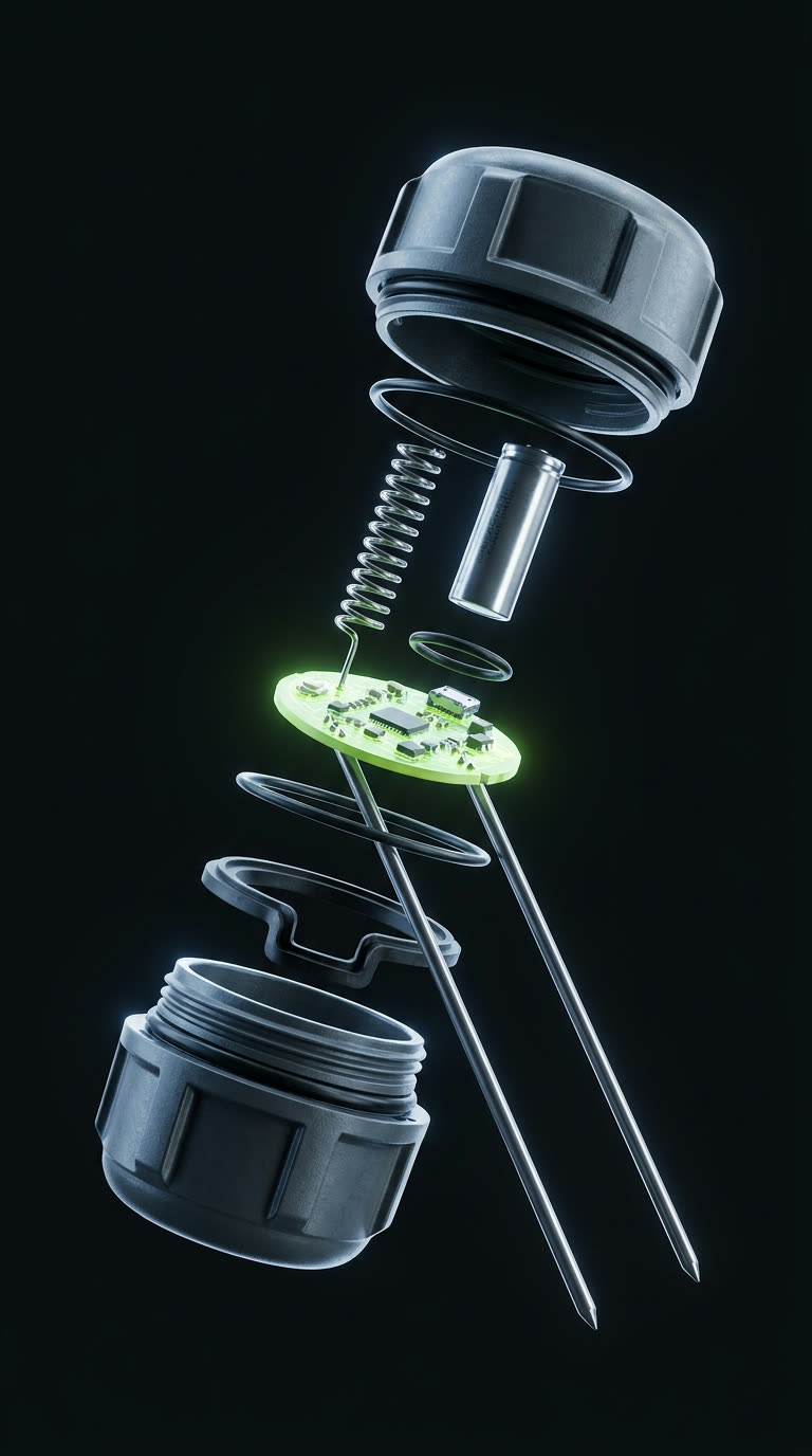 Exploded view of an Acreage soil probe: housing, gaskets, radio module, battery, circuit board and probe pins